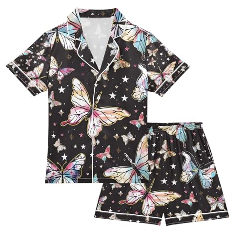 senya Butterflies Star Black Satin Summer Pajama Sets Silk Short Sleeve Button Down Sleepwear