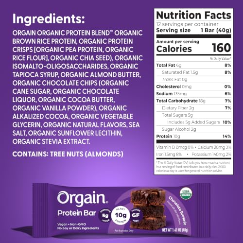 Image of Orgain Organic Vegan Protein Bars, Chocolate Brownie - 10g Plant Based Protein, Low Calorie Healthy Snacks, No Lactose or Soy Ingredients, Gluten Free, Non-GMO, 1.41 Oz (Pack of 72)