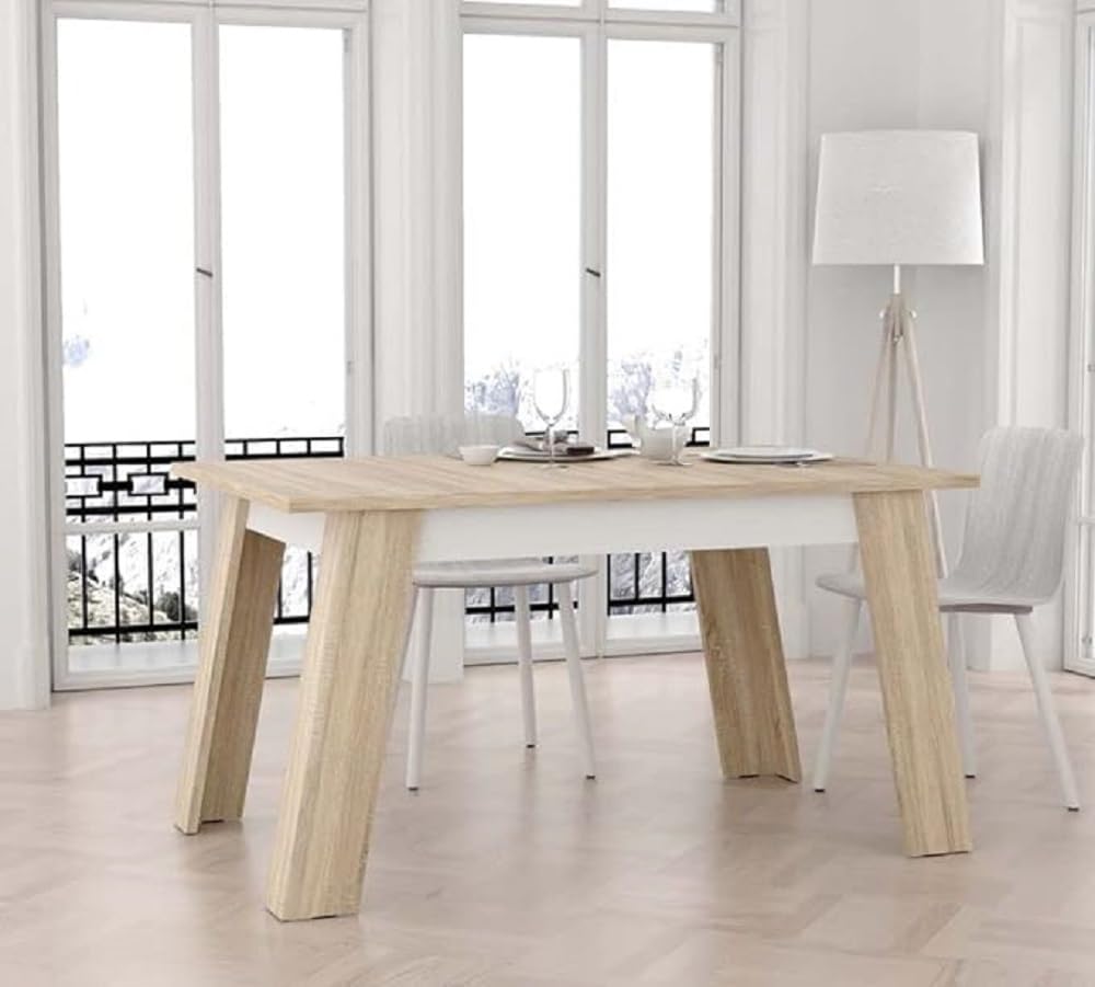FForte Zumba Esstisch 140, ausziehbar, Esszimmer, Wohnzimmertisch, Holzwerkstoff, Sonoma Eiche Holzdekor/Weiß, 140 cm breit x 75 cm hoch x 90 cm tief