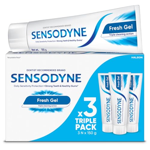 Image of Sensodyne Toothpaste Fresh Gel | Daily Sensitivity Relief Tooth Paste Combo Pack - 450gm (150gm x 3) | Dentist Recommended | Everyday Use Paste, Fresh Breath, Fights Tooth Decay, Maintain Healthy Gums