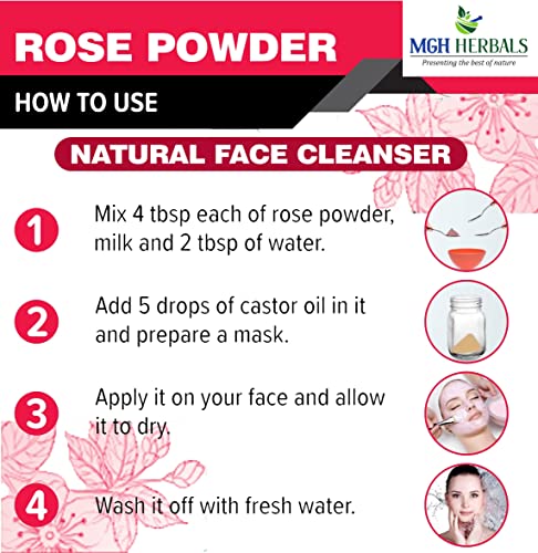 Image of MGH Herbals Organic Rose Petal Powder - 100g | Rosa indica for Facial & Skin Care| 100% Pure & Natural Rose Powder for Tanning & Glowing Skin