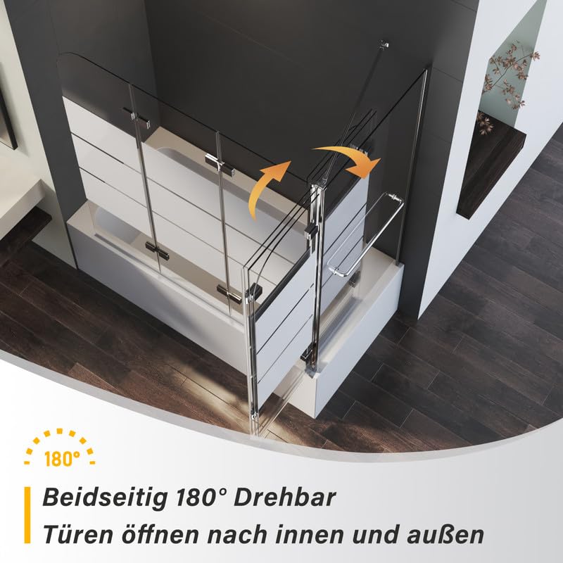 Duschwand für Badewanne mit Seitenwand 70x120x140cm 3-teilig Faltbar, Gestreift Glas Duschabtrennung Badewannenaufsatz Duschtrennwand aus 6mm Sicherheitsglas, Seitenwand mit Handtuchhalter