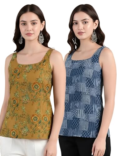 Image of Pinkmint Women Kurti Tops | Sleeveless Printed Kurti for Women | Cotton Blend Short Kurta Tops | Casual, Office Wear, College & Summer Tunic Tops for Women | Pack of 2