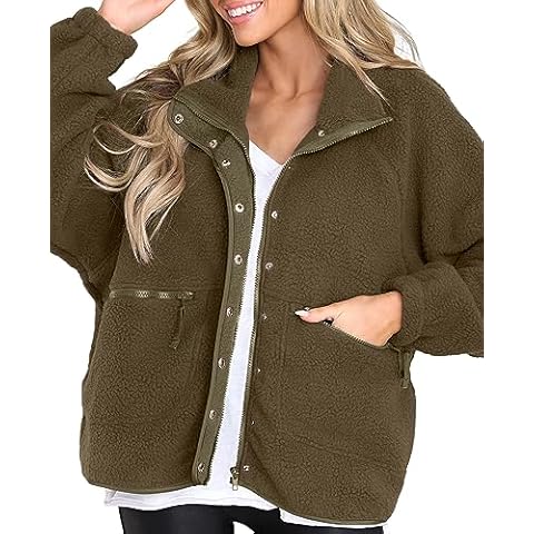 VNIRA Sherpa Jacket for Women Winter Long Sleeve Button Donw Zip Up Warm Sherpa Fuzzy Fleece Jackets Coat Outwear Coffee Cover