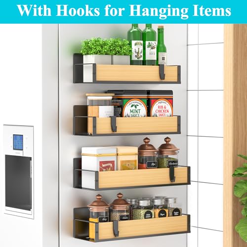 Image of HuggieGems 4 Pack Magnetic Spice Storage Rack Organizer for Refrigerator and Oven, Wood Fridge Organizers and Storage