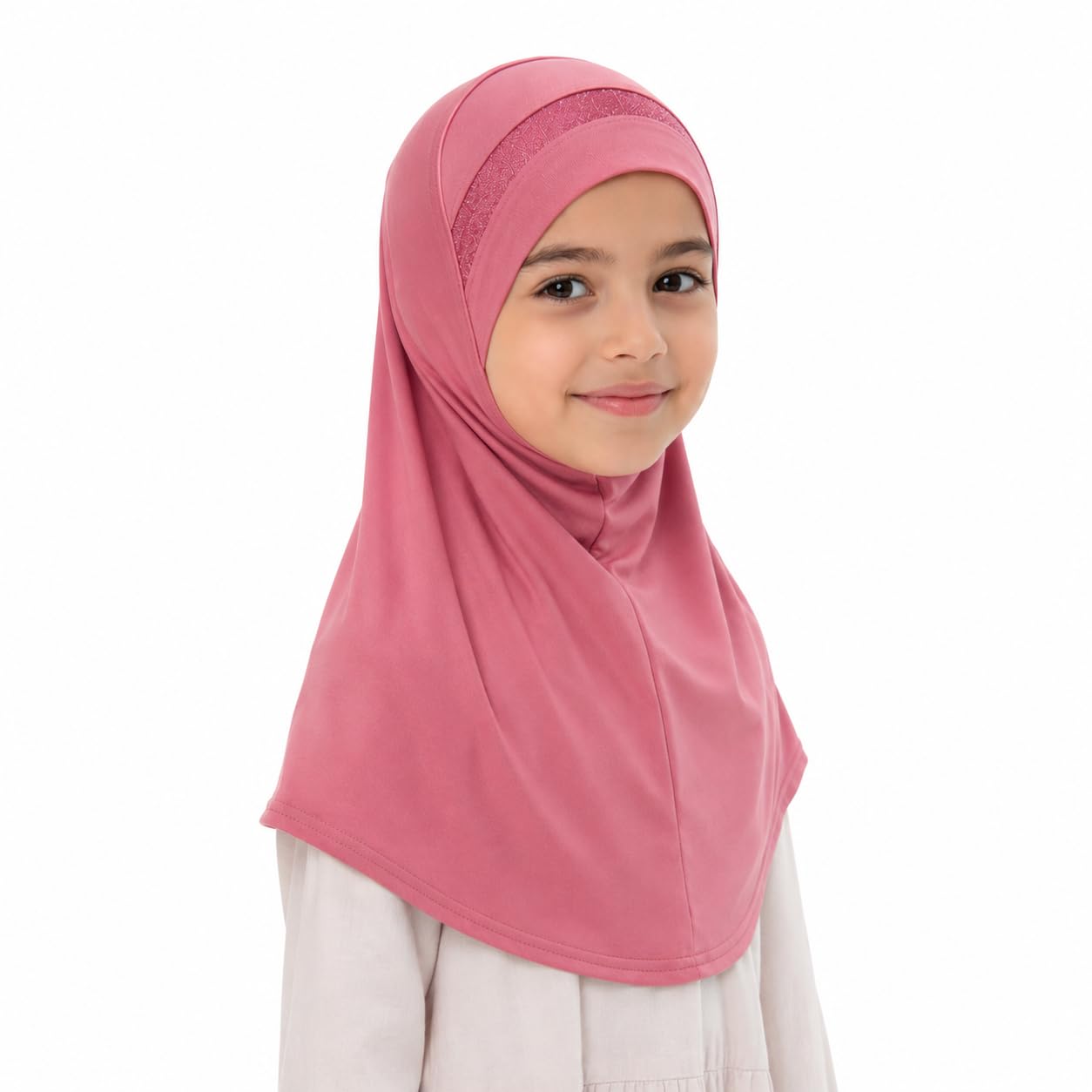 Yaqeen Girls instant headscarf hijab al Amira with glitter borde, readymade pull on scarf, ideal for any occassion school/nursery (Pink)