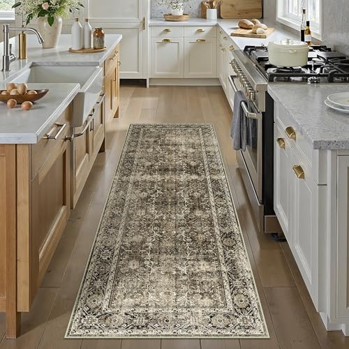 PureCozy Brown Runner Rug 2x6 Vintage Area Carpet Hallway Long Indoor Kitchen Washable Living Room Low Pile Traditional Distressed Retro Accent Throw Rug Non Slip Laundry Bathroom Office Dining Room