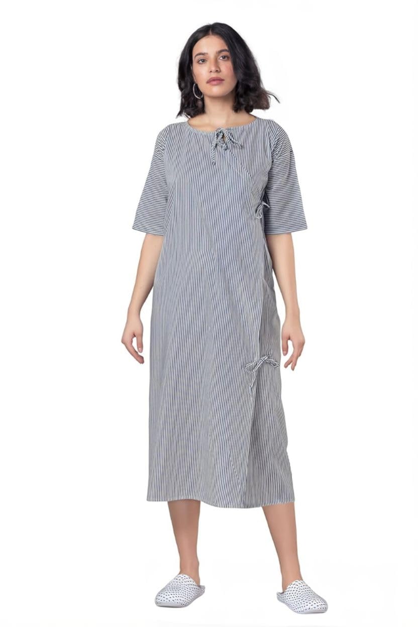 SRS Unisex Hospital Gown, Cotton Blend Fashionable Patient Night Gown Long Lenght, Comfortably Fits Sizes Up To 2Xl One Size Fits All Blue Stripe (Front Open)