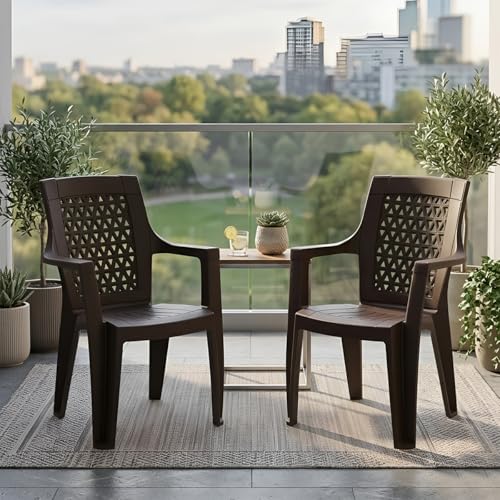 Image of Nilkamal Elevate Plastic Chair with Arm | Set of 2 | Stackable Chair | for Living Room, Bed Room, Kitchen, Balconies, Outdoor | Season Rust Brown