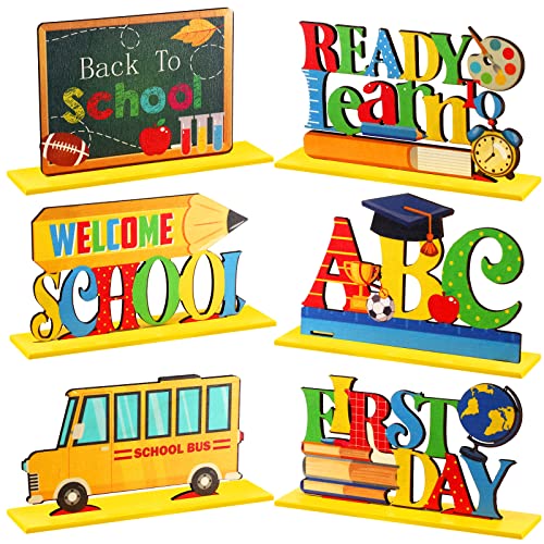 6 Pieces Back to School Party Decorations Wooden First of School Centerpieces Ready to Learn Table Toppers for School Classroom Home Teacher Party Favor Supplies Photo Booth Props