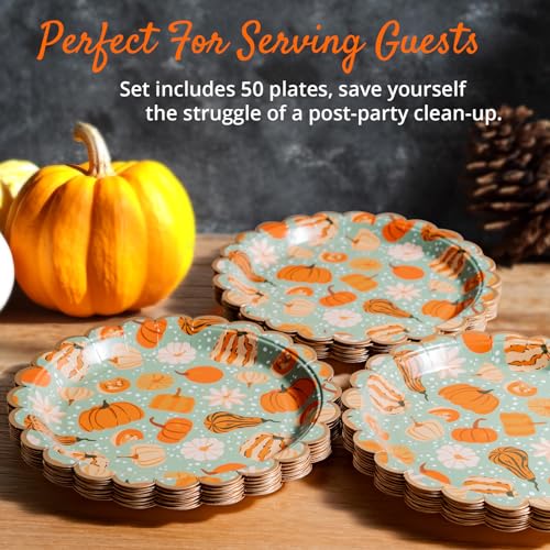 Image of Confettiville Thanksgiving Paper Plates, 50-Count Disposable Thanksgiving Dinner Plates, Scalloped, Party Supplies, Pumpkins, Mint Green