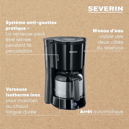 SEVERIN Cafetière Filtre "Type", 1 000W, 1L, Jusqu'à 8 tasses, Verseuse inox isotherme, Porte-filtre amovible, Noir, KA 4835