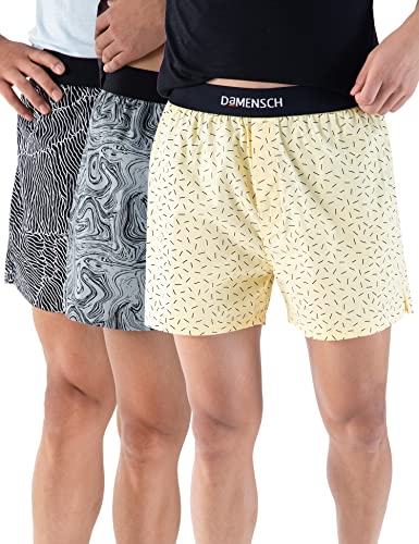 Image of DAMENSCH Men's Cotton Boxers (Pack of 3) (DAM-PRIN-SBX-PACK-3-THL-ABY-MRG-MIX-S Thunder Black, Abstract Yellow, Marble Grey S)