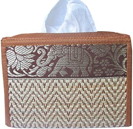 Rectangular Handmade Thai Woven Straw Reed Tissue Box Cover with Gold Silk Elephant Design