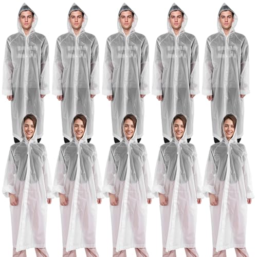 10 Pcs Rain Ponchos for Adults Reusable Adult Portable Raincoat EVA Rain Coats for Women Men Waterproof Rain Jacket Raincoats with Drawstring Hood Sleeves
