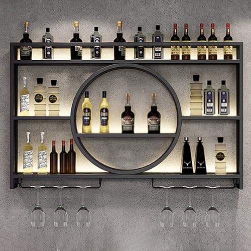 Étagère à vin murale avec support verres et éclairage LED pour salon