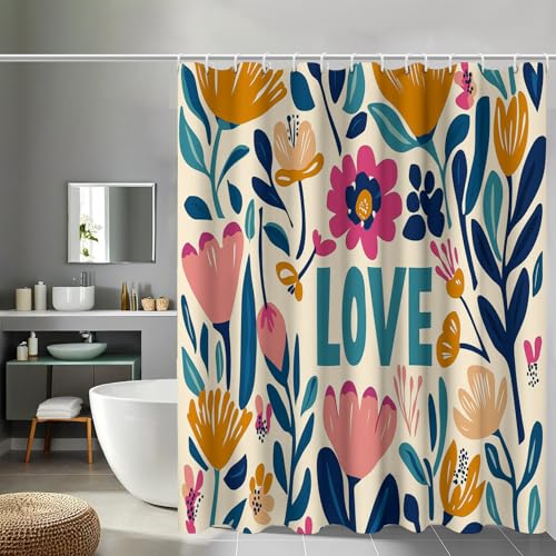 Rideau salle de bain 180x200 cm imperméable en polyester crème avec motifs tulipes et coquelicots