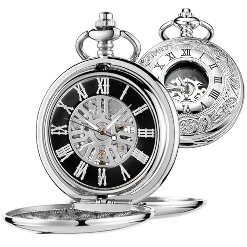 Image of Vintage Gold Double Sides Open Case Mechanical Men's Pocket Watch,Double Face Roman Dial Clock Hand Wind Pocket Watch for Men with FOB Chain