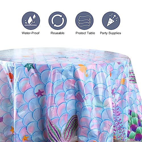 Image of 3 Pcs Baby Shower Tablecloth，Baby Shower Round Tablecloth，Mermaid Party Decoration Table Covers，Plastic Tables Cover for Baby Shower Party Compatible for a 70inch Round Table