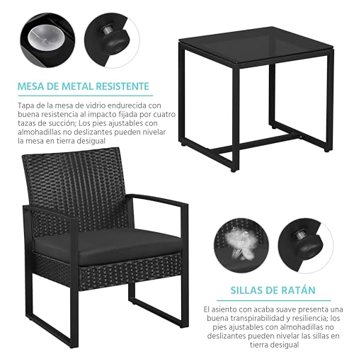 Yaheetech Conjunto de Mesa y Sillas de Jardín para Exterior Juego de Muebles de Jardin 2 Sillas Ratán con Cojines y Mesa Terraza con Tablero Vidrio de Seguridad para Terraza Balcón Negro - imagen 4