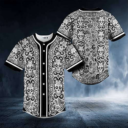 Camisa de béisbol con diseño calavera verde en 3D, manga corta y botones miniatura 3