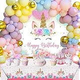 Unicorn Birthday Party Decorations Girls - 132PCS Kids Unicorn Theme Party Supplies Pink Decorations with Balloons Tablecloth Backdrop Balloons arch