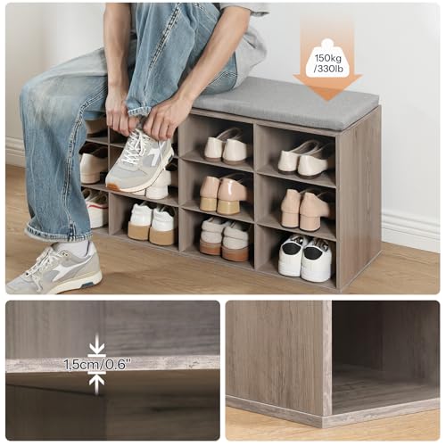 HOOBRO Shoe Storage Bench with Cushion, 39.4" L Entryway Bench with 12 Cubbies, Entryway Hall Tree with Storage, Shoe Cabinet with Coat Rack for Bedroom, Hallway, Holds up to 330 lb, Gray GY112HX01 by HOOBRO - Used condition - Image 6