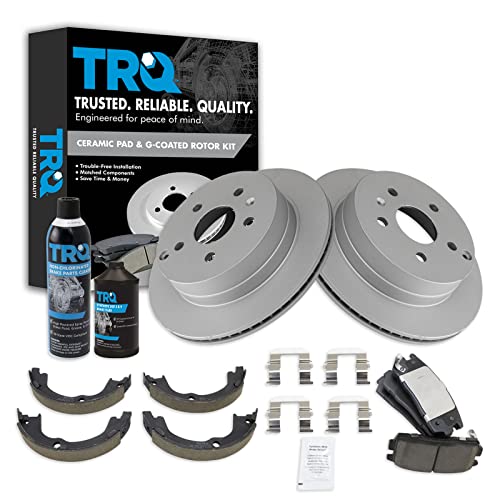 Image of TRQ Rear Brake Pad & Rotor Kit, with Chemical Kit Parking Brake Shoe Set Ceramic Premium G-Coated Compatible with 2010-2017 Chevrolet Equinox GMC Terrain
