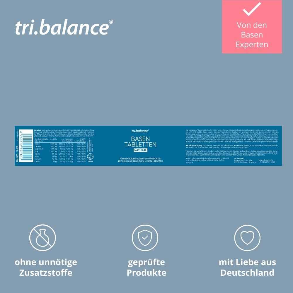 tri.balance Basentabletten NATURAL 225 Tabletten mit Zink für den Säure-Basen-Stoffwechsel vegan Made in Germany tri.balance