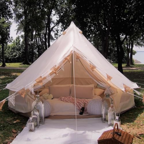 Latourreg Outdoor Luxury Waterproof 3M/4M/5M/6M Oxford Bell Tent with Zipped Detachable Groundsheet (White Oxford Cloth, 4M Bell Tent)
