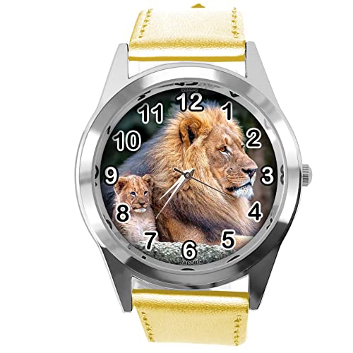 Montre ronde en cuir doré avec motif de lion et bracelet élégant