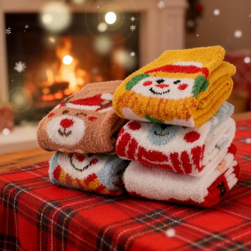 Image of Labeol 5 Pairs Christmas Fuzzy Socks for Women Gifts,Funny Cute Cozy Fluffy Thermal Winter Warm Fuzzy Socks