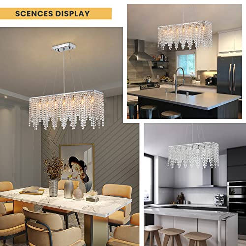 7Pm Rectangle Crystal Chandelier Modern Chrome Chandeliers Contemporary Raindrop Hanging Lighting Fixture For Dining Room Kitchen Island 31.5 Inch #TOP1