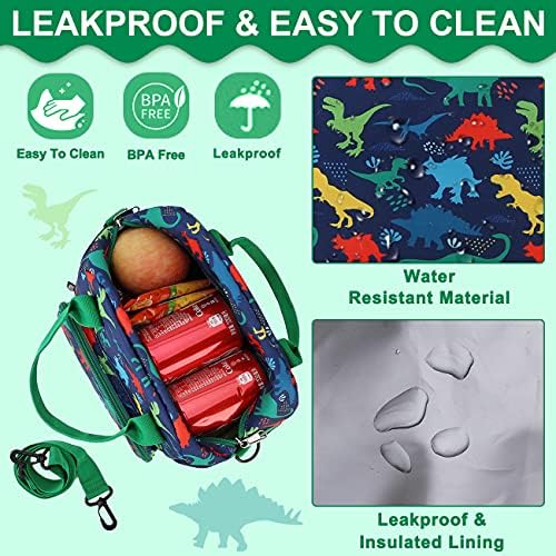 RAVUO Lunch Box for Boys, Dinosaur Insulated Lunch Bag for Kids Children Cute Insulated Cooler Thermal Meal Tote Kit with Handle and Detachable Shoulder Strap