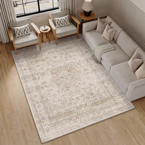 6x9 Washable Beige Vintage Area Rug for Living Room Bedroom Large Traditional Low Pile Soft Carpet Non-Slip Thin Retro Distressed Accent Throw Rug for Dining Room Office Kitchen Indoor