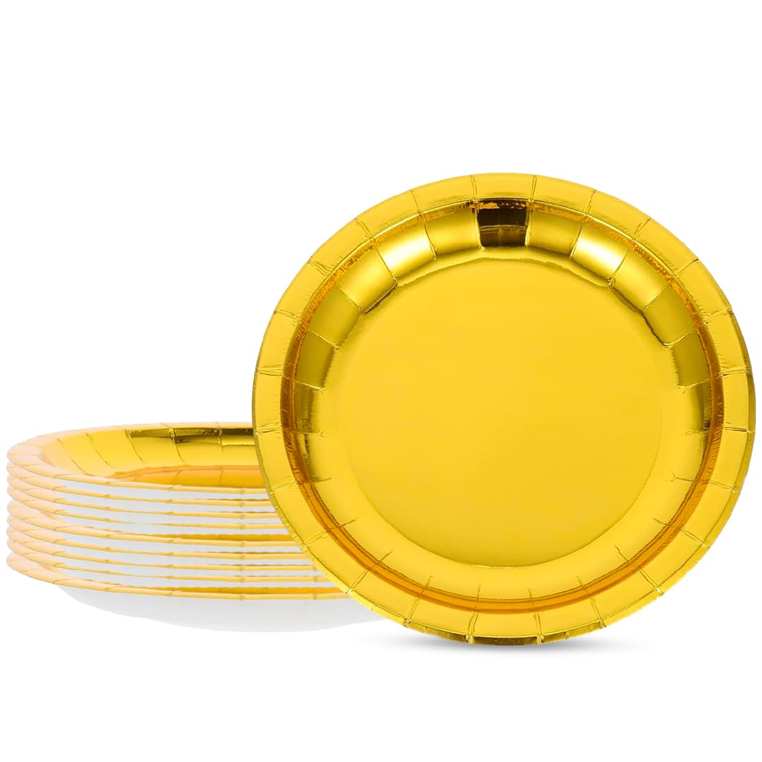 Wanna Party Gold Party Plates 9 Inch -10 Count, Paper Dinner Plates for Party Dessert Cake Wedding Engagement Birthday