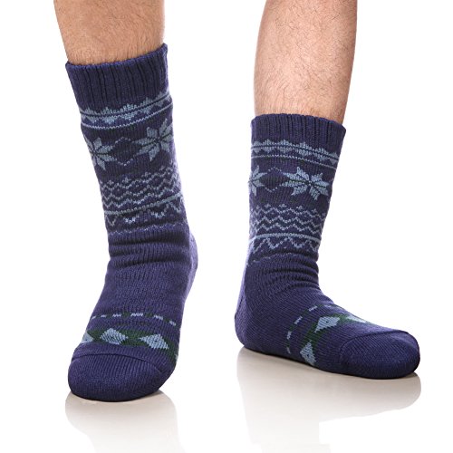 DoSmart Men's Winter Thermal Fleece Lining Knit Slipper Socks Soft Warm Cozy Fuzzy Fluffy Christmas Non Slip Socks, Blue Snnowflake, XL