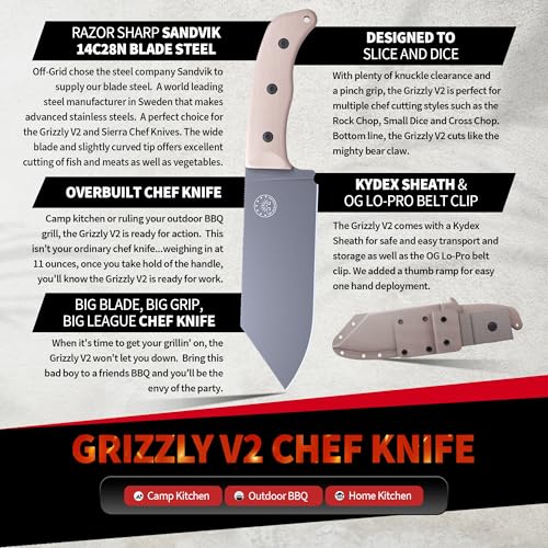 Off-Grid Knives - Faca de chef Grizzly V2 com aço inoxidável Sandvik 14C28N, bainha Kydex e clipe de