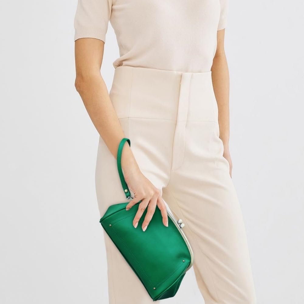 QJK Cosmetic Bag for Woman, Kiss Lock Clutch Bag Genuine Leather Evening Bag Kiss Clasp Wrist Wallet Vitange Handbag (GREEN)