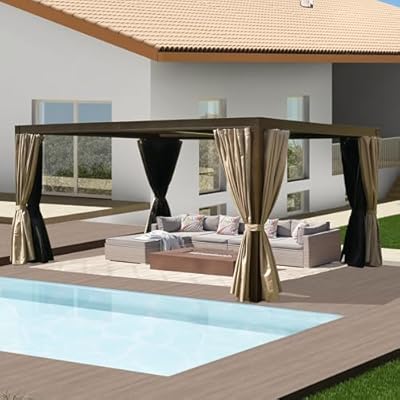 Domi 10x13FT Louvered Pergola, Full Aluminum Pergola with Adjustable Louvered Roof, Outdoor Pergola with Waterproof Curtains and Netting, Dark Brown