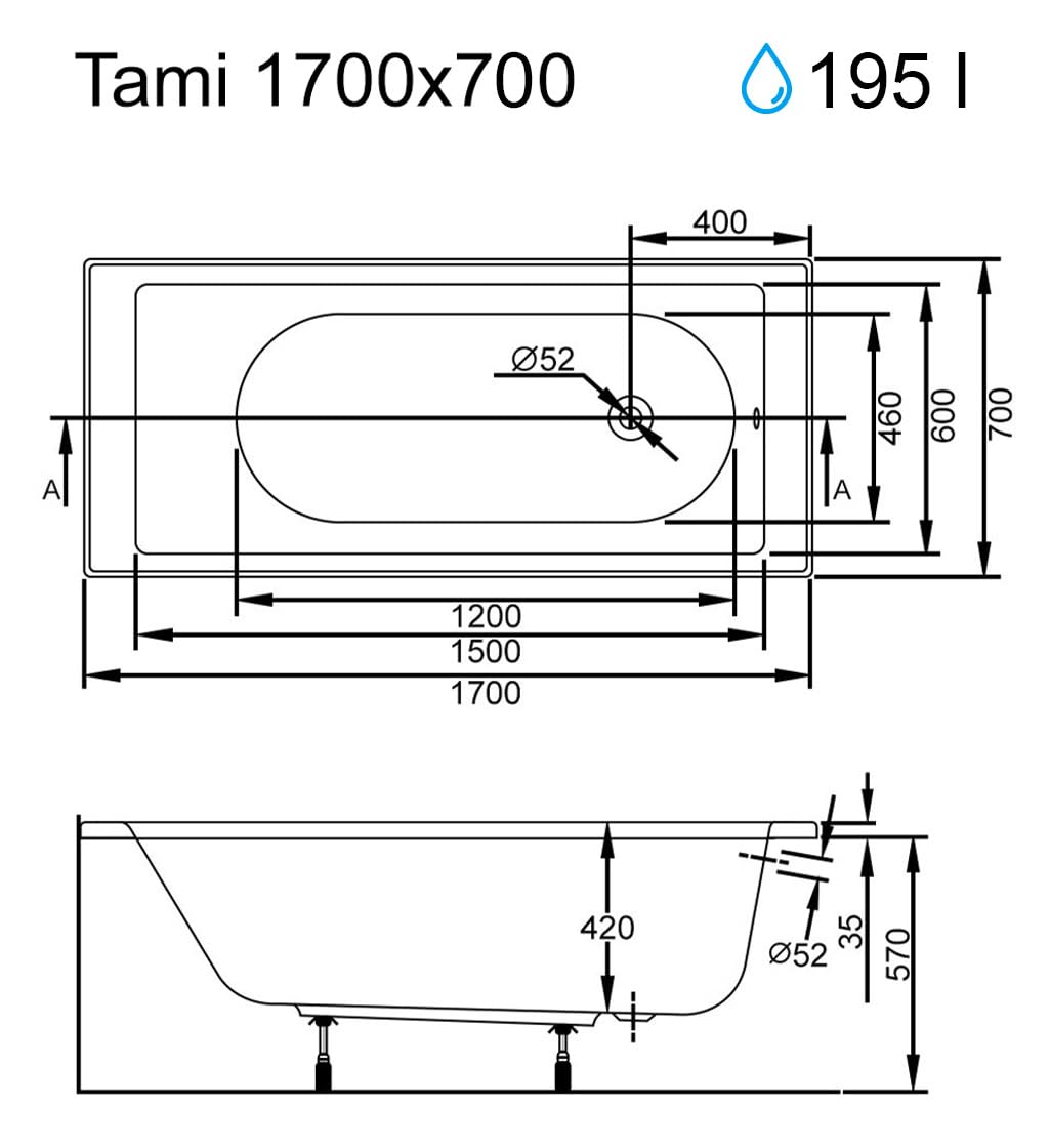 Wanna ECOLAM® TAMI 170x70 cm | Prostokątna wanna akrylowa z akrylu sanitarnego | Kompletny zestaw z automatycznym odpływem i przelewem oraz silikonowymi nóżkami | Biała