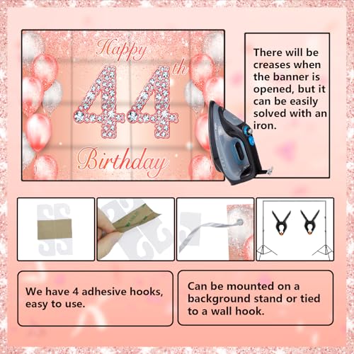Image of Happy 44th Birthday Rose Gold Banner Cheers to 44 Years Old Backdrop Confetti Balloons Theme Decor for Women 44 Years Old Pink Birthday Party Decorations Bday Supplies Background Favors Gift Glitter