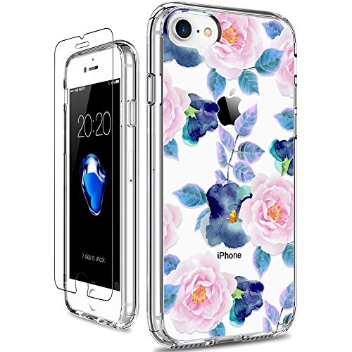 GiiKa iPhone 8 Case, iPhone 7 Case with Screen Protector, Clear Heavy Duty Protective Case Floral Girls Women Hard PC Back Case with Slim TPU Bumper Cover Phone Case for iPhone 8, Pink Blue Flowers