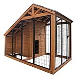 Backyard Discovery 7' x 5' Waggin' Retreat Cedar Wood Large Dog Kennel with Galvanized Steel Roof, Feeding Door, Doghouse Back Door, Water and Food Tray, Secure Lock Gate for Safe Outdoor Pet Shelter