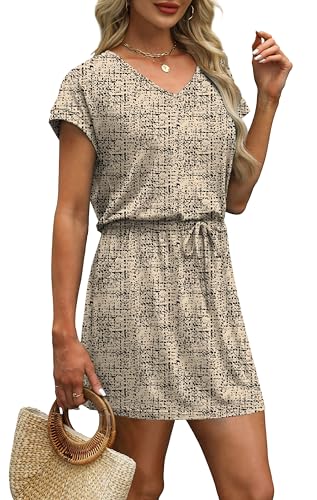 Image of OFEEFAN Summer Dresses for Women 2026 V Neck T Shirt Casual Mini Dresses Tie Waist Sundresses with Pockets