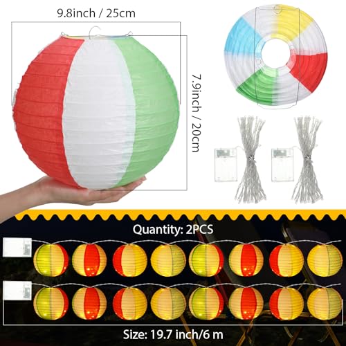Image of Tujoe 16 Pcs Beach Ball Lantern String Lights 19.7 ft 40 LED Beach Ball Hanging Paper Lanterns with Lights Battery Operated Summer Party Decorations for Pool Yard