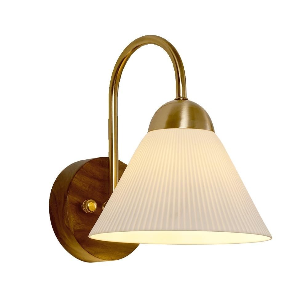 ITOSUI Nordic Wall Sconce, E27 Mid Century Modern Reading Lamp, Pleated Ceramic Shade Wood Base Gooseneck Arm Indoor Lighting, for Bedroom Living Room Hallway