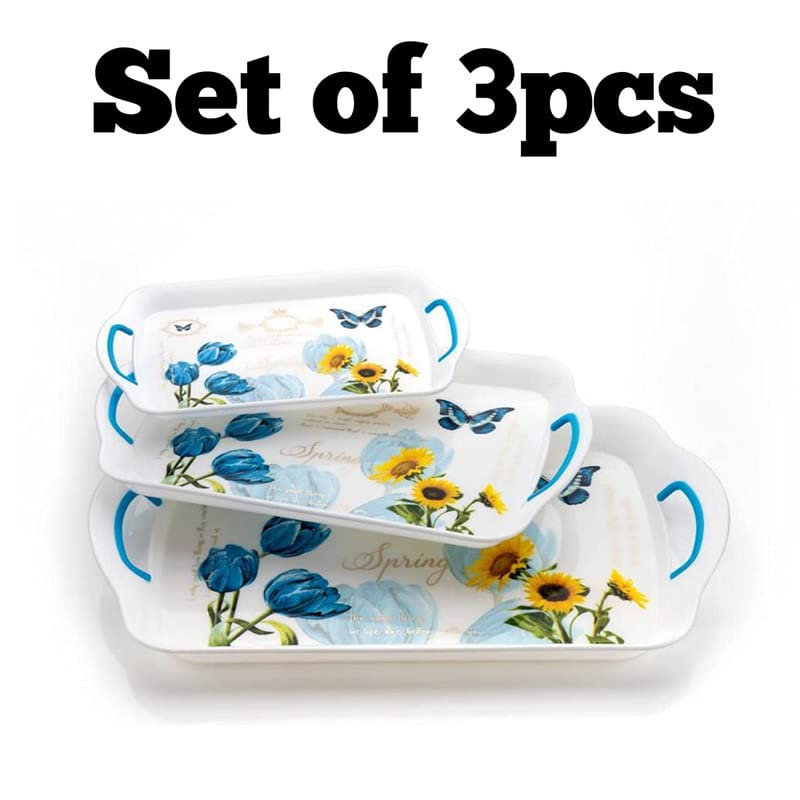 Image of Finner Premium Era Rectangular Serving Tray Set Of 3 Flower Print Design Plastic Material Glossy Finish Bpa Free Trays For Kitchen And Office And Home Decor (Black, Set Of 3)