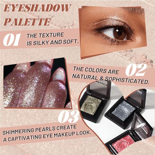 Image of WanTuoluo Sparkly Eyeshadow Palette for Women, Single Monochrome Eye Shadow Makeup, Shiny Pressed Cream Powder, Blendable Natural sombras para ojos, Holographic,Vegan,Travel (06-Glitter-Rose Glod)