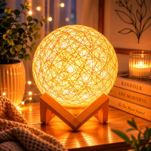 Image of Quace Moon Lamp with LED Fairy Lights, 15cm Rattan Ball Night Lamp for Bedroom, Kids Room & Living Room Decor, Warm White Decorative Table Lamp, Bedside Night Light, Gift for Girls & Housewarming